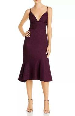 Avery G Purple Cocktail Dress Metallic Ruffled Sleeveless Midi Sheath Size 14